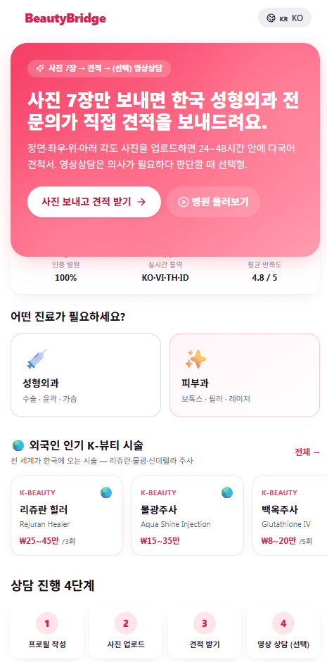 BeautyBridge 모바일 홈 (한국어) — 사진 7장 견적 CTA + 100% 전환률·KO-VI-TH-ID 실시간 통역·4.8★ 메트릭 + K-뷰티 시술 카드