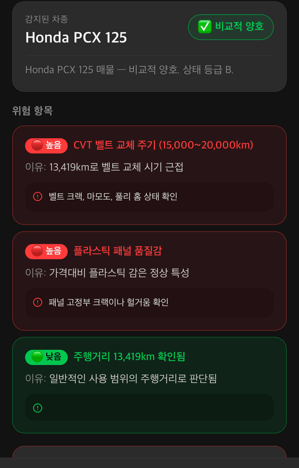 AI 분석 결과 — 차종 식별 + 위험 항목(소모품 주기·상태)을 등급·근거와 함께 정리